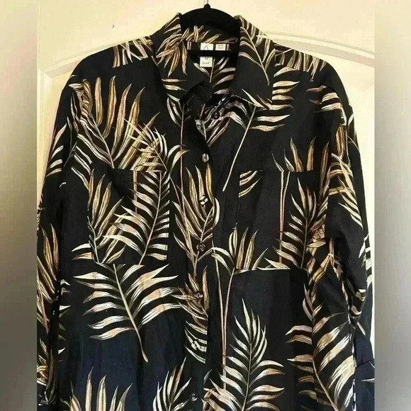 JOIE Linen Blend Button Down long sleeve black Shirt Medium tropical like New - Picture 1 of 2